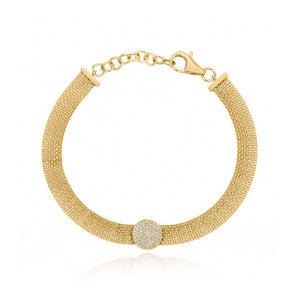 Gold Mesh Chain Diamond Bracelet with Pave Circle