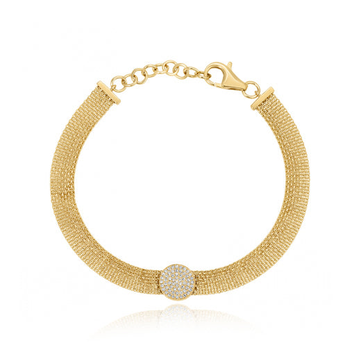 Gold Mesh Chain Diamond Bracelet with Pave Circle