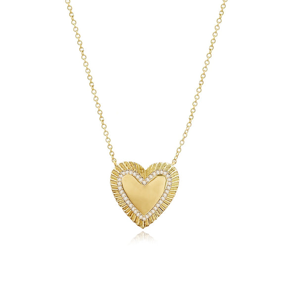 Large Fluted Pave Outline Heart Necklace