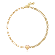 Load image into Gallery viewer, Puffy Gold Heart Pave Pink Sapphire Outline Half Cuban Half Paperclip Bracelet
