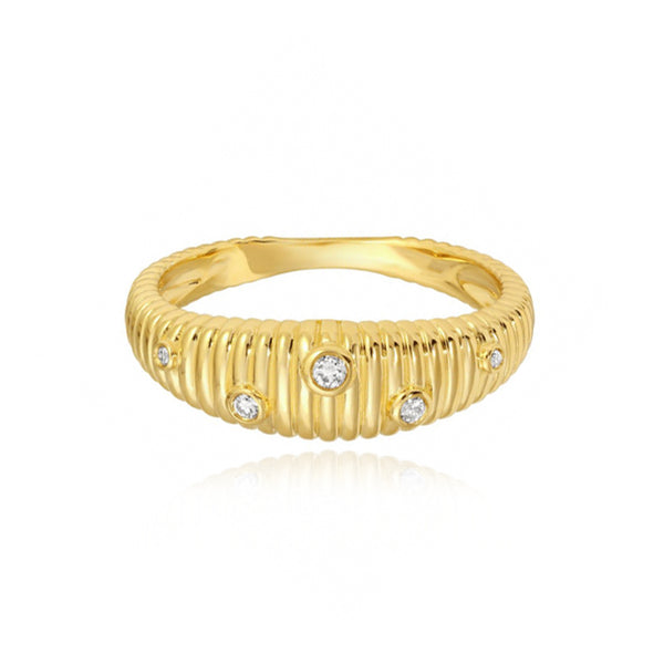 Diamond Inlay Striped Gold Dome Ring