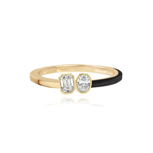 Two-Diamonds Bezel Half Enamel Half Gold Ring