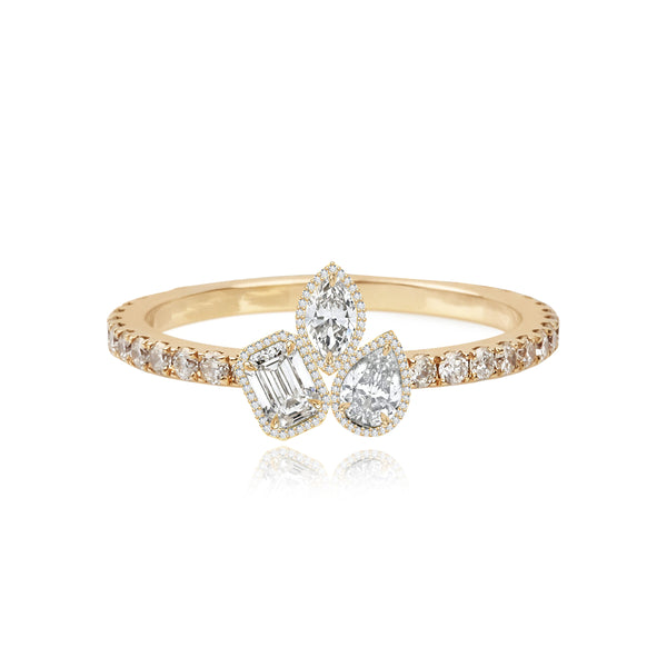 Three Solitaire Multi Shape All Around Pave Ring