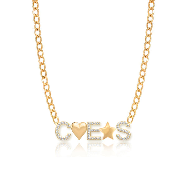 Three Pave Initials and Gold Charms Cuban Necklace