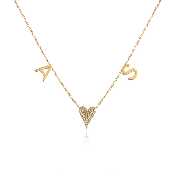 Gold Initials and Pave Heart Necklace
